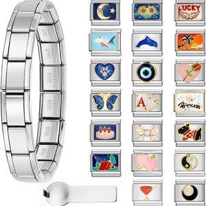 Silver Italian Charm Bracelet Set with Charms and Tools for DIY Jewelry